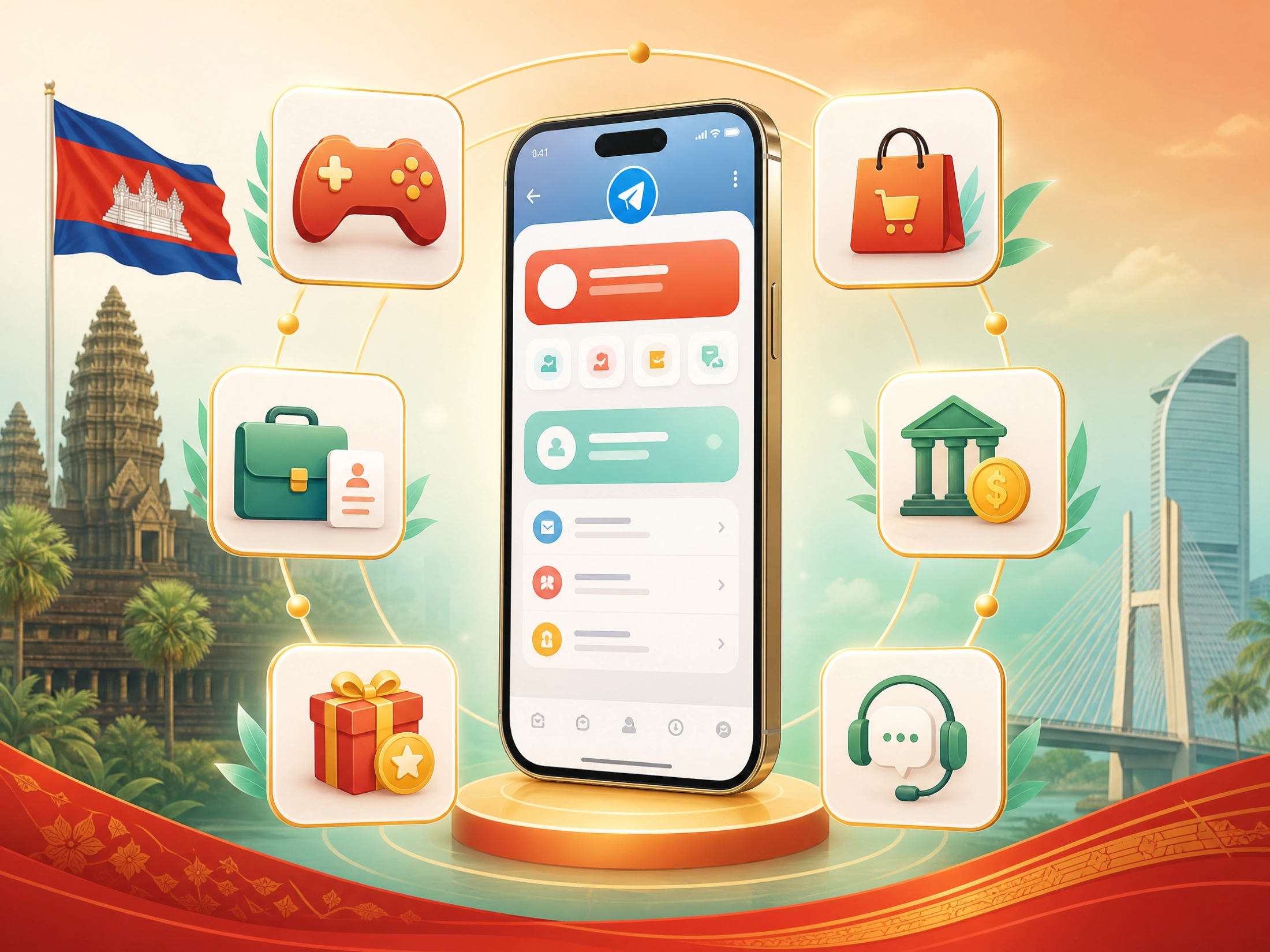 NOVA ecosystem visual with Telegram, games, shopping, jobs and service cards