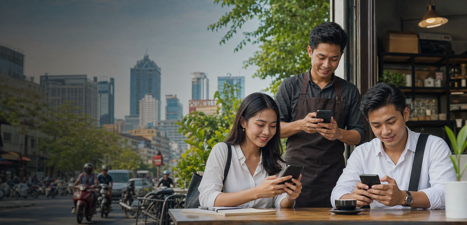Cambodia local team using phones at a street cafe